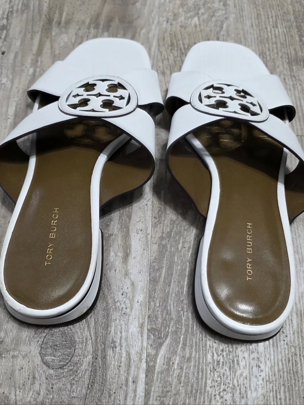 Tory Burch Size 8 Miller Cross Strap Slide Sandals White Leather Logo Low Heel